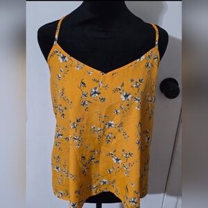 Holister Floral Mustard Yellow Spaghetti Strap Top  Sz L